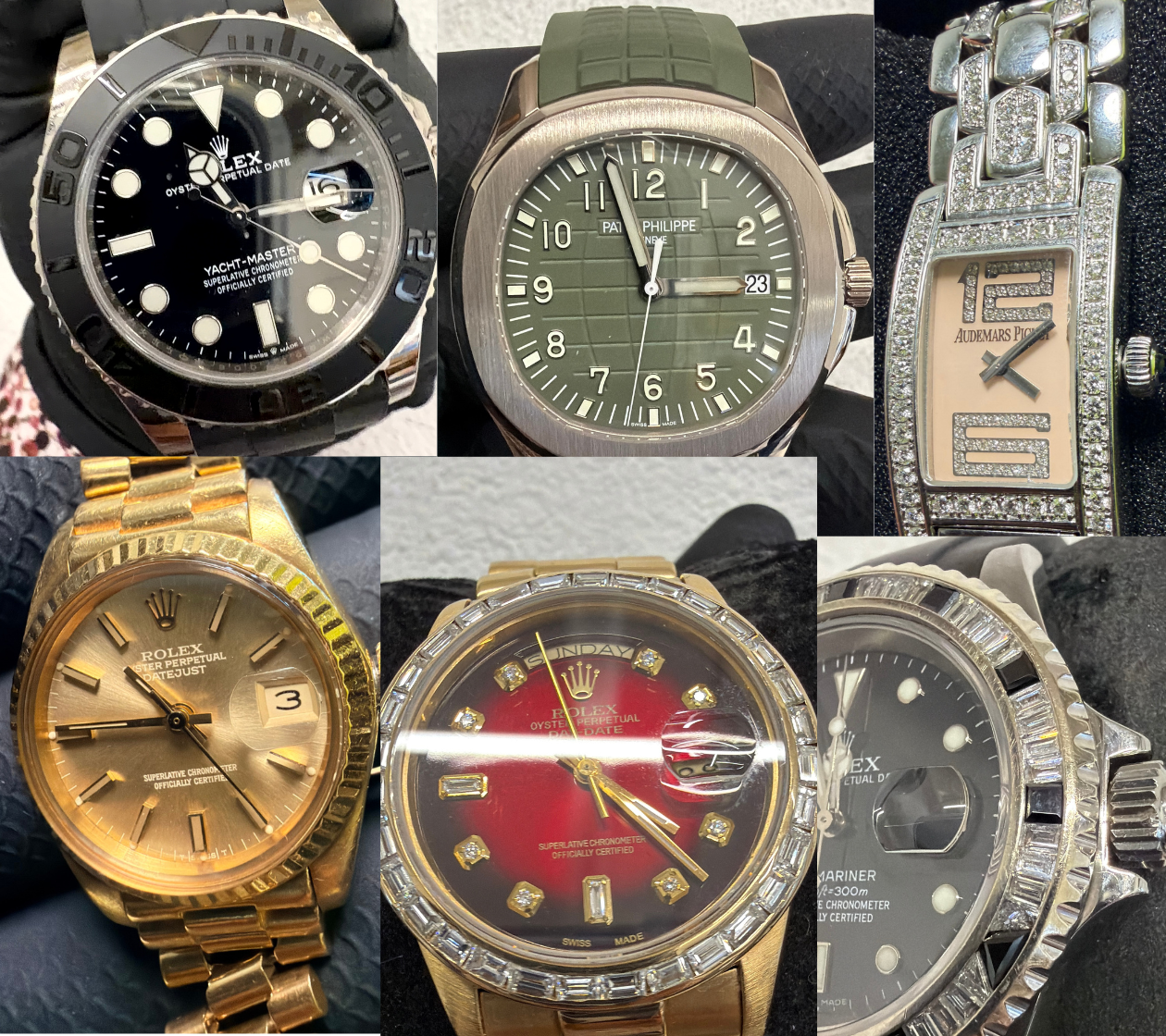 Collage of seven luxury watches: top-left Rolex Yacht-Master with black dial and rotating bezel, top-center Patek Philippe with green dial, top-right diamond-encrusted Audemars Piguet bracelet; bottom-left gold Rolex Day-Date, bottom-center gold Rolex with red dial and diamond markers, bottom-right Rolex Submariner with stainless steel bezel and black dial