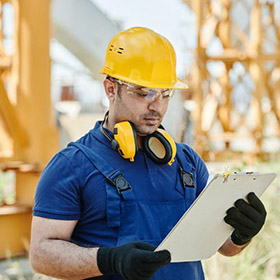 Construction worker wearing a yellow hard hat and safety goggles reads a clipboard at a construction site, with cranes in the background.