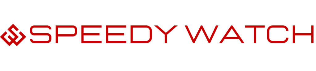 Red Speedy Watch logo with geometric icon on a black background, brand name in bold, sans-serif letters