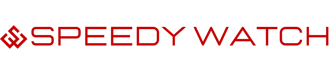 Red Speedy Watch logo with geometric icon on a black background, brand name in bold, sans-serif letters